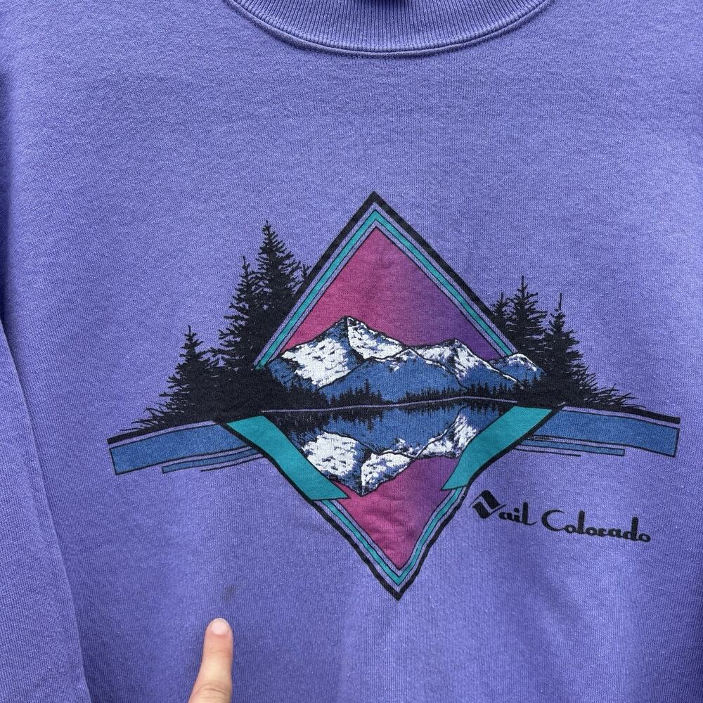 Vintage 90s Jerzees Purple Retro Vail Colorado Mountains Crewneck Sweatshirt - Picture 2 of 8